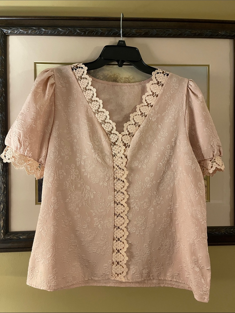 Women's Blush Pink Lace-Trim Short Sleeve Blouse